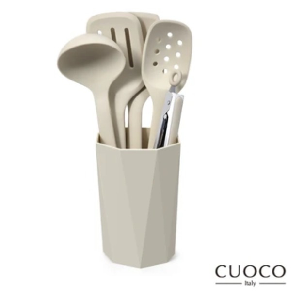 【義大利CUOCO】北歐系列-半月柄全矽膠廚具6件組-白色(炒鏟+煎鏟+湯勺+漏勺+料理夾+廚具筒) 【義大利CUOCO】北歐系列-半月柄全矽膠廚具6件組-白色(炒鏟+煎鏟+湯勺+漏勺+料理夾+廚具筒)