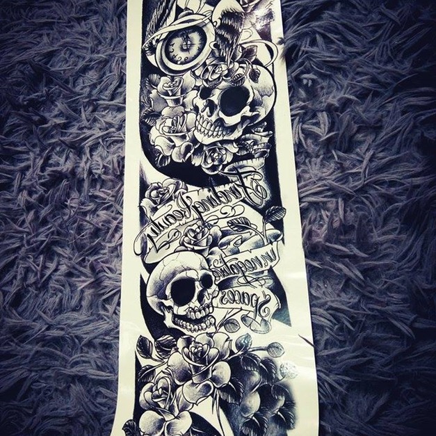 全臂紋身 鐘錶骷髏花 全臂紋身 鐘錶骷髏花