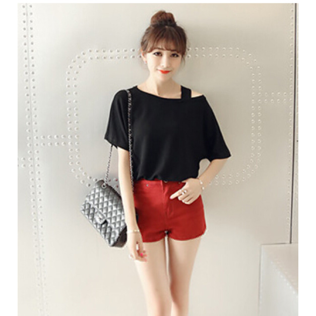 夏季休閒風露肩時尚性感純色短袖上衣女裝T恤 夏季休閒風露肩時尚性感純色短袖上衣女裝T恤