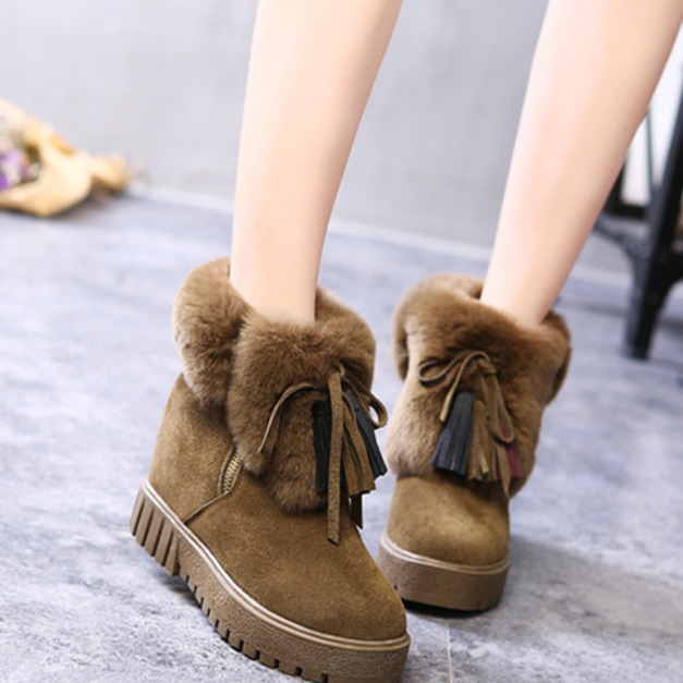 加絨加厚獺兔毛牛皮流蘇內增高短筒平底雪靴161201003