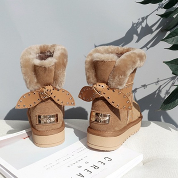 加绒保暖真皮羊毛羊絨女短靴蝴蝶结雪靴(棕、灰2色)161201004