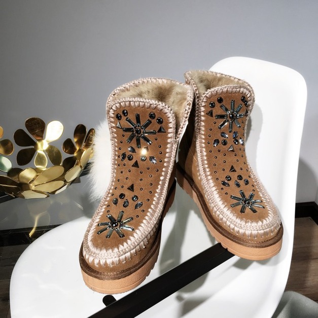 冬季高級水鑽裝飾保暖羊羔毛牛皮雪靴(黃、黑2色)161201016