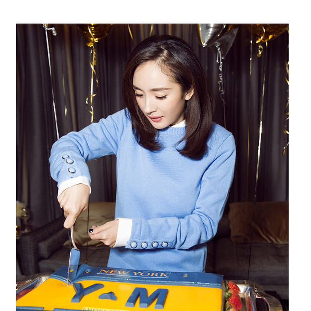 楊冪明星同款長袖圓領加厚寬鬆套頭淺藍色毛衣針織衫161218006