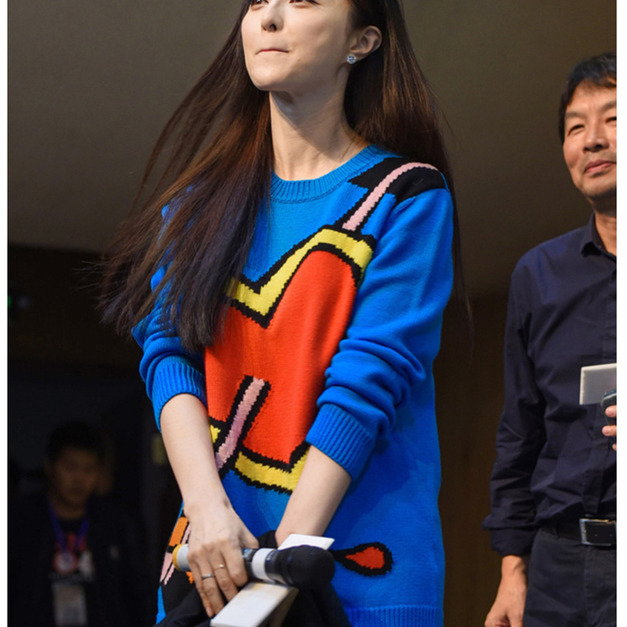 范冰冰明星同款藍色愛心套頭毛衣中長款韓版針織衫161218004