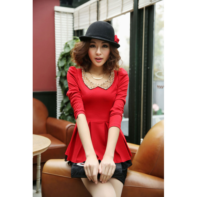 韓版女裝休閒圓領長袖荷葉邊裙襬收腰修身上衣170103001 韓版女裝休閒圓領長袖荷葉邊裙襬收腰修身上衣170103001