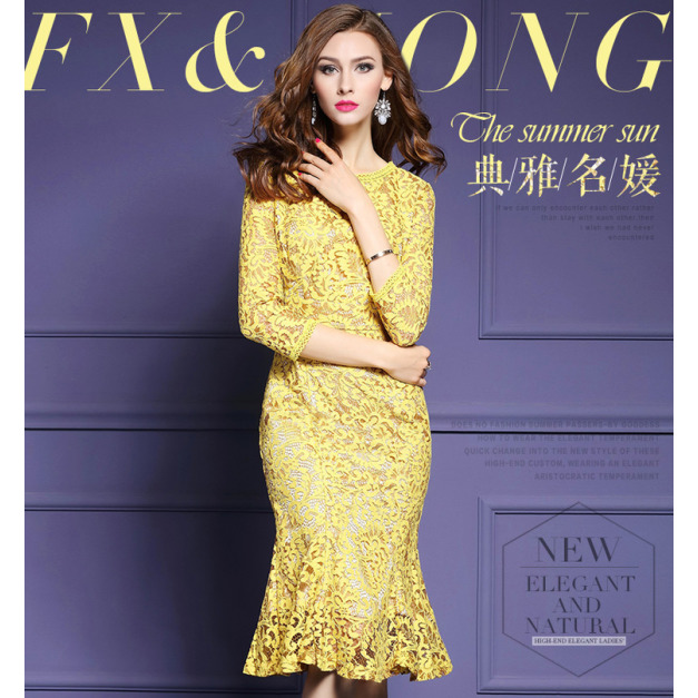 歐美大尺碼女裝圓領長袖包臀蕾絲中長款魚尾裙洋裝連身裙170105002 歐美大尺碼女裝圓領長袖包臀蕾絲中長款魚尾裙洋裝連身裙170105002