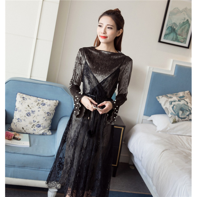 韓版時尚公主風女裝圓領長袖兩件套蕾絲長款洋裝連身裙170105003 韓版時尚公主風女裝圓領長袖兩件套蕾絲長款洋裝連身裙170105003