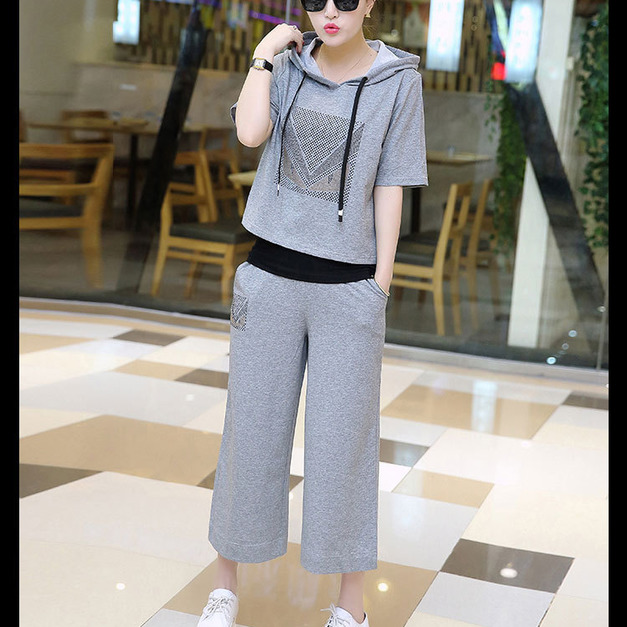 韓版時尚休閒中大尺碼寬腳褲運動短袖套裝170830001