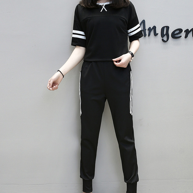 韓版女裝中大尺碼女裝短袖彈力棉休閒服套裝運動服套裝170831040