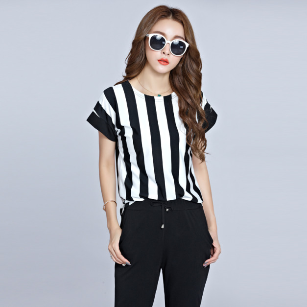 韓版女裝中大尺碼女裝短袖直條紋休閒服套裝運動服套裝(3色可選)170831041 韓版女裝中大尺碼女裝短袖直條紋休閒服套裝運動服套裝(3色可選)170831041