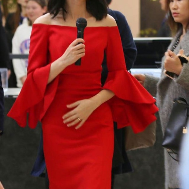 高圓圓楊冪明星同款禮服一字領喇叭袖洋裝連身裙170912013