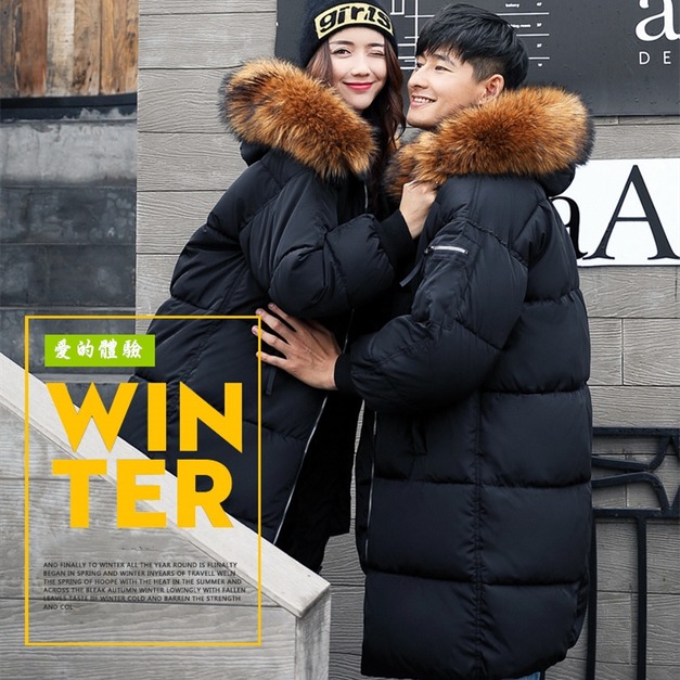 甜蜜蜜情侶裝連帽輕羽絨棉服長版外套女裝男裝 (黑、灰、棕黃3色可選) 171229003