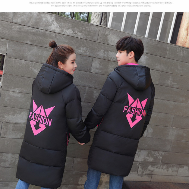 甜蜜蜜情侶裝連帽輕羽絨棉服長版外套女裝男裝 (螢光綠黑、螢光綠軍綠、螢光綠灰、枚紅黑4色可選) 171229004