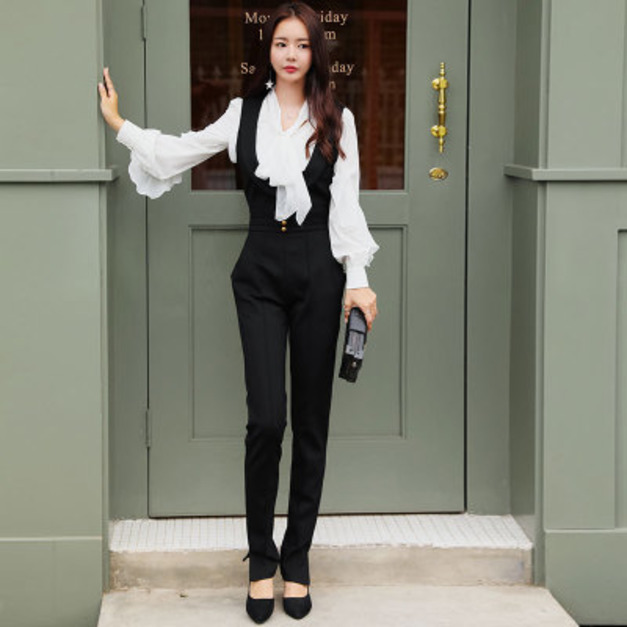 韓版時尚修身顯瘦黑色吊帶窄腳褲180118042