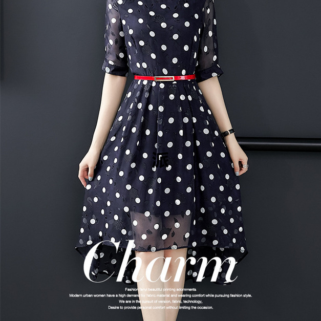 韓版前短後長圓點收腰修身洋裝連衣裙190516001