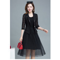 西裝外套中長款修身顯瘦黑色蕾絲洋裝連身裙套裝190601003 西裝外套中長款修身顯瘦黑色蕾絲洋裝連身裙套裝190601003