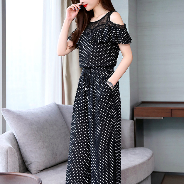 圓點點中大尺碼雪紡印花減齡闊腳褲套裝190601015