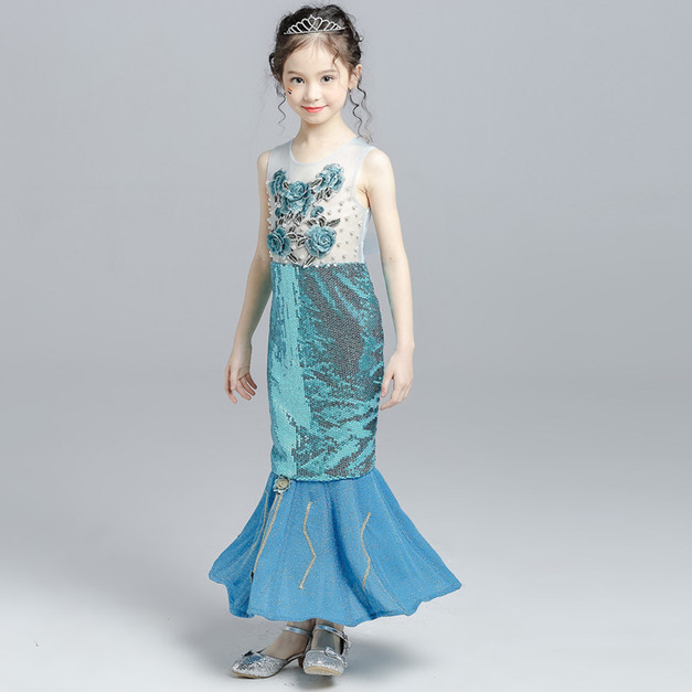 藍色美人魚閃亮拖尾禮服/網紗公主裙(無袖款)