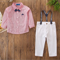 歐美外貿男童全棉襯衫+白色吊帶長褲二件套(紅色) 歐美外貿男童全棉襯衫+白色吊帶長褲二件套(紅色)