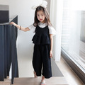 夏款中大童黑色荷葉邊吊帶上衣+九分寬版褲二件套 夏款中大童黑色荷葉邊吊帶上衣+九分寬版褲二件套