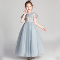 韓版中大童甜美圓領刺繡長款禮服/花童/畢業禮服(灰色) 韓版中大童甜美圓領刺繡長款禮服/花童/畢業禮服(灰色)