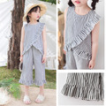 夏裝韓版中大童條紋花邊上衣+寬版七分褲二件套 夏裝韓版中大童條紋花邊上衣+寬版七分褲二件套