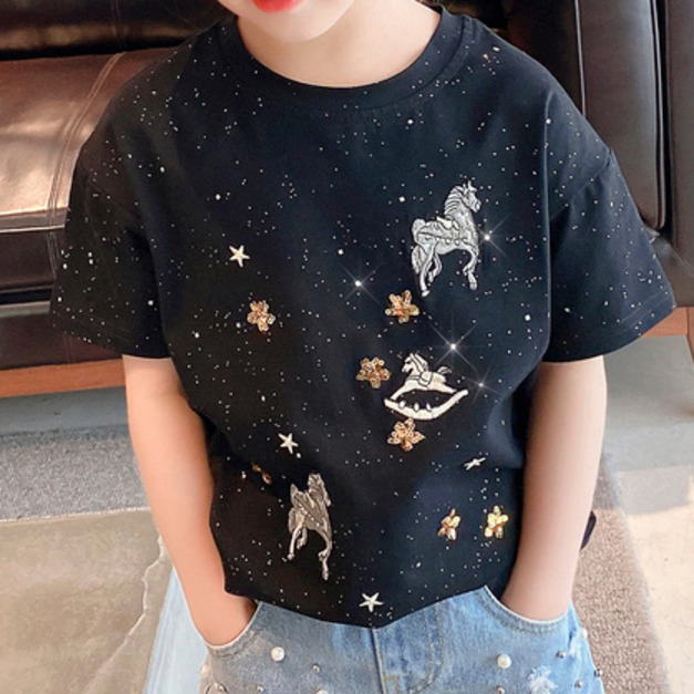 2021夏裝韓版中大童亮片小木馬上衣/T恤(黑色)