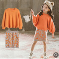 2020冬款加厚中大童蝙蝠袖針織毛衣+花紋短裙二件套(橘色) 2020冬款加厚中大童蝙蝠袖針織毛衣+花紋短裙二件套(橘色)