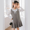 2021春裝韓版中大童假二件拼接花邊領連衣裙(灰色) 2021春裝韓版中大童假二件拼接花邊領連衣裙(灰色)
