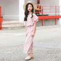 2021夏裝韓版中大童條紋喇叭袖上衣+闊腿褲二件套(粉色)_2 2021夏裝韓版中大童條紋喇叭袖上衣+闊腿褲二件套(粉色)_2