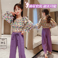 2021夏裝韓版中大童小碎花澎澎袖上衣+高腰寬版褲二件套(紫色) 2021夏裝韓版中大童小碎花澎澎袖上衣+高腰寬版褲二件套(紫色)