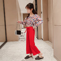 2021夏裝韓版中大童小碎花澎澎袖上衣+高腰寬版褲二件套(紅色)_1 2021夏裝韓版中大童小碎花澎澎袖上衣+高腰寬版褲二件套(紅色)_1