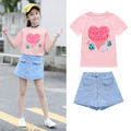 2021夏裝韓版中大童愛心印花上衣+牛仔裙褲二件套(粉色) 2021夏裝韓版中大童愛心印花上衣+牛仔裙褲二件套(粉色)