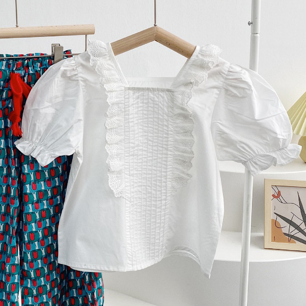 2021夏裝韓版方領澎澎袖花邊白色上衣