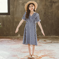 2021夏裝韓版中大童V領寬鬆條紋中長款連衣裙_5 2021夏裝韓版中大童V領寬鬆條紋中長款連衣裙_5
