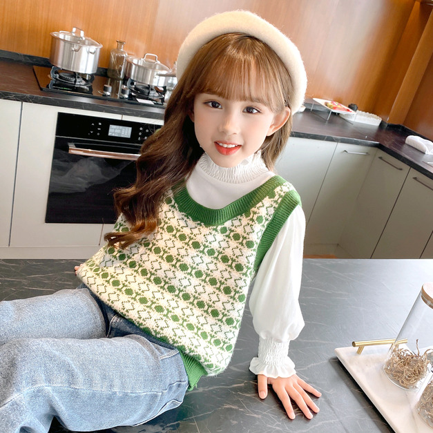 2021秋裝韓版中大童綠白花紋針織毛衣背心(現貨)