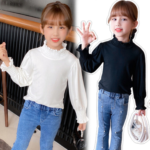 2021秋裝韓版中大童燈籠袖花邊領上衣/內搭衣(黑/白)