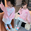 2022春裝韓版中大童英文印花假二件上衣+條紋內搭褲二件套(粉色) 2022春裝韓版中大童英文印花假二件上衣+條紋內搭褲二件套(粉色)