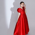 韓版中大童緞面V領蓬蓬袖紅色公主裙/音樂表演小禮服(長款) 韓版中大童緞面V領蓬蓬袖紅色公主裙/音樂表演小禮服(長款)