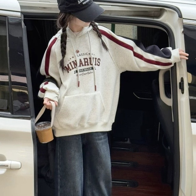 冬款加絨韓版中大童休閒拼色保暖寬版連帽上衣(白色) 冬款加絨韓版中大童休閒拼色保暖寬版連帽上衣(白色)