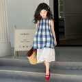 夏款韓版藍色格紋上衣+白色花邊裙二件套裝 夏款韓版藍色格紋上衣+白色花邊裙二件套裝