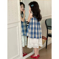 夏款韓版藍色格紋上衣+白色花邊裙二件套裝_2 夏款韓版藍色格紋上衣+白色花邊裙二件套裝_2