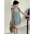 夏款韓版藍白格紋花邊裙/洋裝/背心裙_1 夏款韓版藍白格紋花邊裙/洋裝/背心裙_1