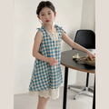 夏款韓版藍白格紋花邊裙/洋裝/背心裙 夏款韓版藍白格紋花邊裙/洋裝/背心裙
