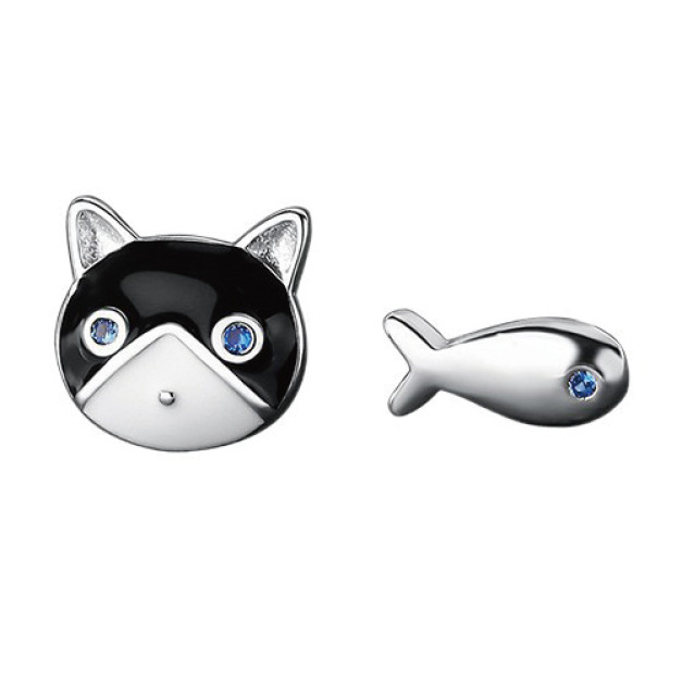 S925純銀不對稱貓咪小魚耳環一對 S925純銀不對稱貓咪小魚耳環一對