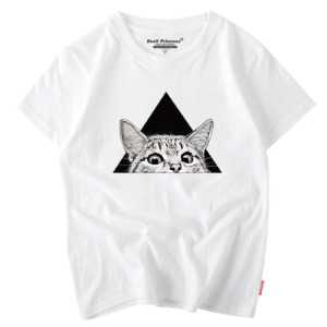 三角貓咪頭純棉T恤-白色L號 三角貓咪頭純棉T恤-白色L號