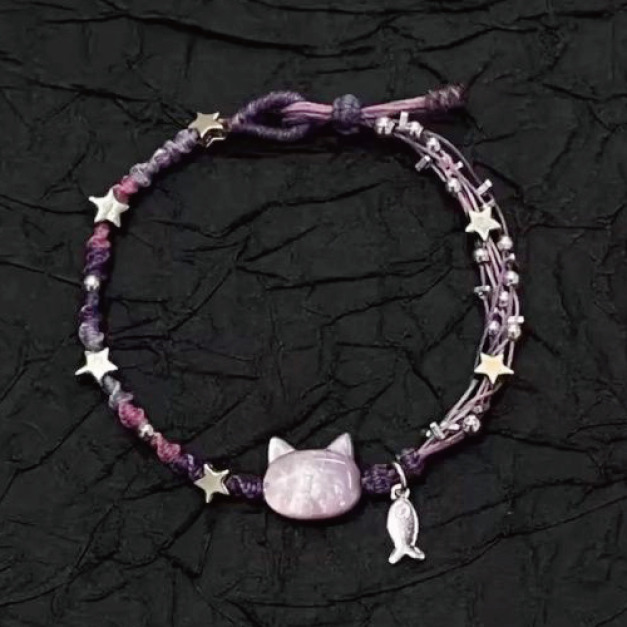 純銀鳶尾紫小魚貓咪編織手繩 純銀鳶尾紫小魚貓咪編織手繩