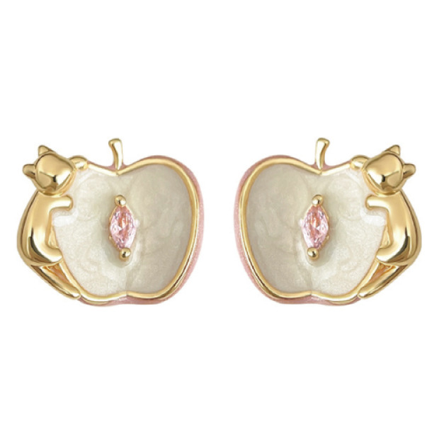 蘋果貓咪銀針琺瑯滴彩繪耳環 蘋果貓咪銀針琺瑯滴彩繪耳環