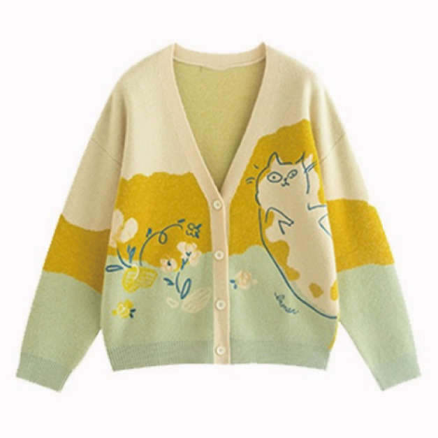 貓咪插畫黃綠針織外套 貓咪插畫黃綠針織外套