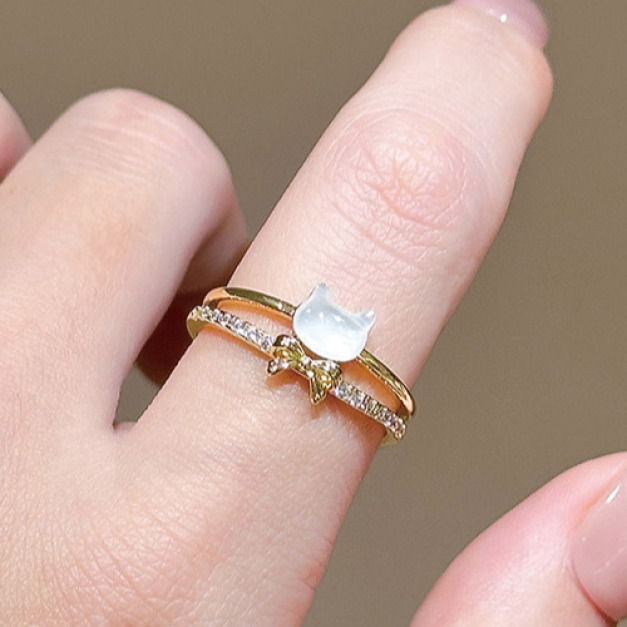 金色貓咪蝴蝶結開口指戒指 金色貓咪蝴蝶結開口指戒指